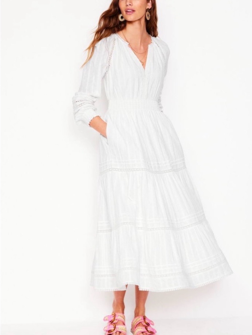 Boden White Cotton Tiered Lace Trim Maxi Dress Smocked Waist Size 12P